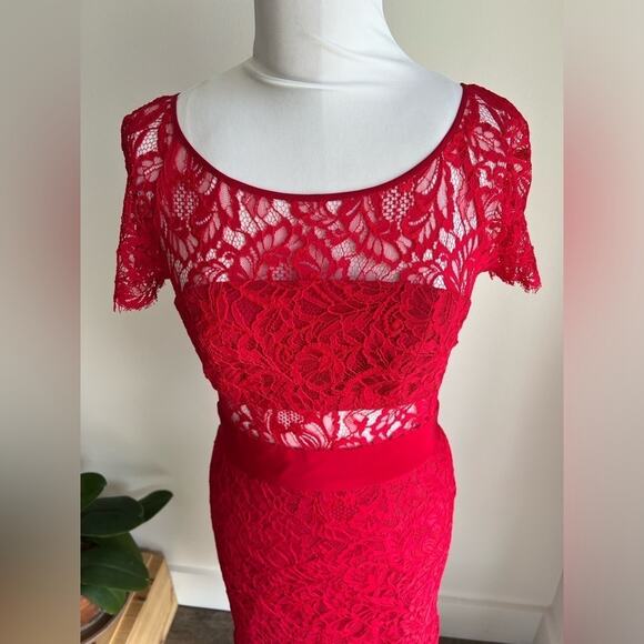 NICOLE MILLER RED SHORT SLEEVE COMBO DRESS MIDI LACE ILLUSION SIZE 0 - Picture 6 of 10